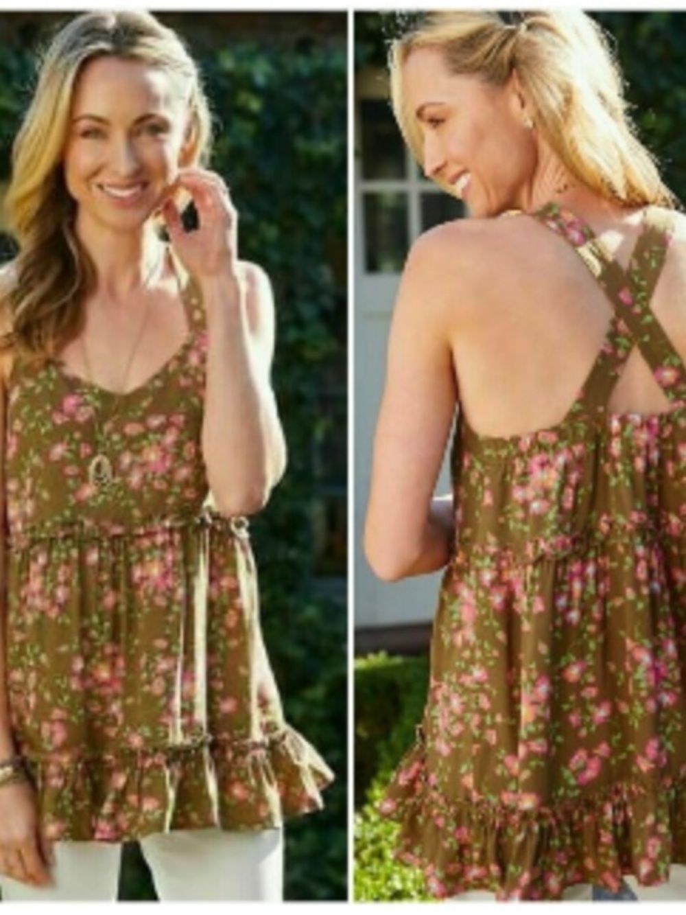 Matilda Jane Clothing Olive Floral Ruffle Tunic with Pink Accents